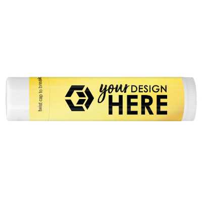 Yellow background branded lip balm with a custom logo.