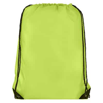 Blank polyester neon green drawstring bag with reinforced corners.