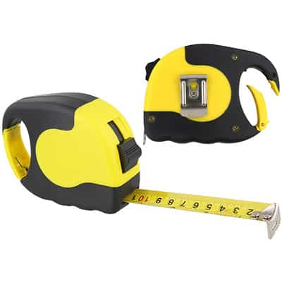 Metal and plastic yellow with black 16 foot tape measure carabiner blank.