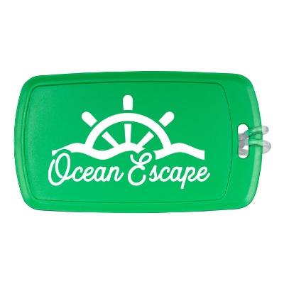 Customized green luggage tag with clear strap.