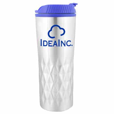 Stainless steel blue tumbler with custom imprint in 16 ounces.