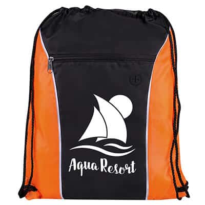 Polyester orange vertical sports bag with branded imprint.