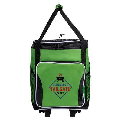 Green rolling cooler with full-color logo.