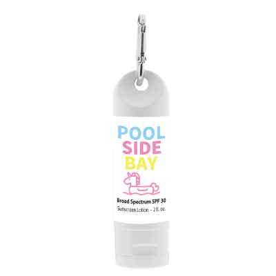 Plastic white sunscreen lotion personalized with a one-color imprint.