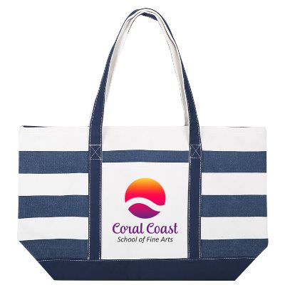 Cotton canvas navy nautical stripe tote with full color imprint.