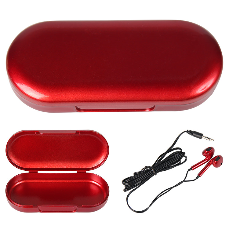 Plastic earbuds with case.