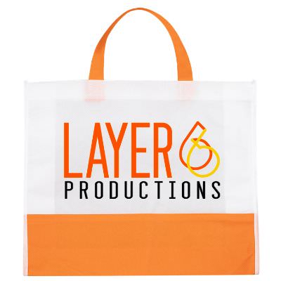 Non-woven polypropylene orange block tote with custom full color logo.