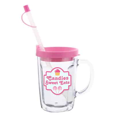 Arcylic clear with pink tumbler with custom full-color imprint in 14 ounces.