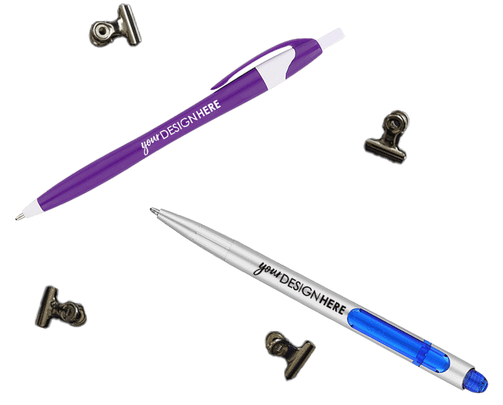 Purple personalized pens with white imprint and silver and blue custom pens with black imprint