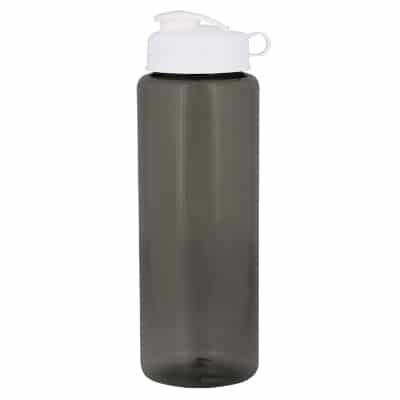 Plastic gray water bottle with flip top lid blank in 32 ounces.
