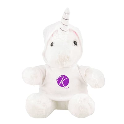 Plush and cotton unicorn with white hoodie with custom logo.