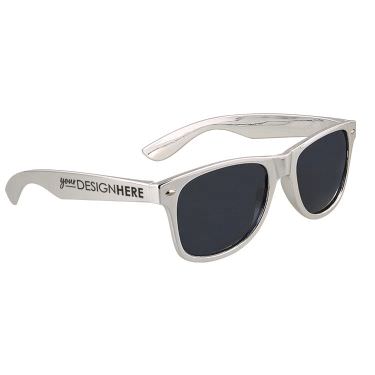 Polycarbonate silver sunglasses with personalized imprint.
