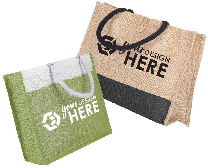 Green and white custom jute tote bags with white imprint and black and natural custom burlap bags with black imprint