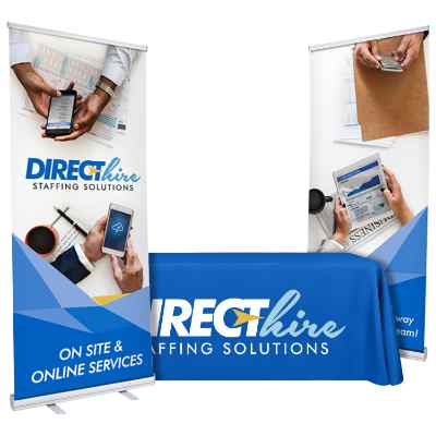 Custom polyester table cover with two 33.5 inch custom banner stands trade show package.