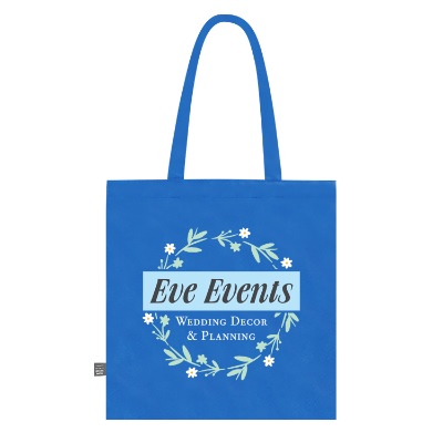 Royal blue rPET non-woven tote bag with custom full-color logo.