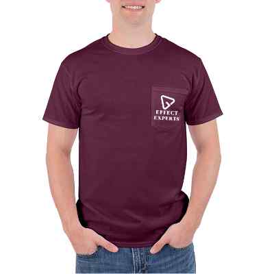 Custom maroon dri-power pocket t-shirt with logo.