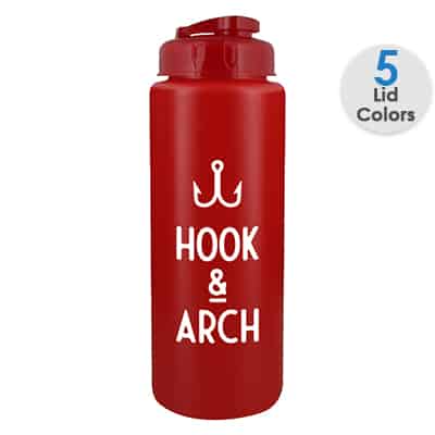 Plastic red water bottle with custom imprint and flip top lid in 32 ounces.