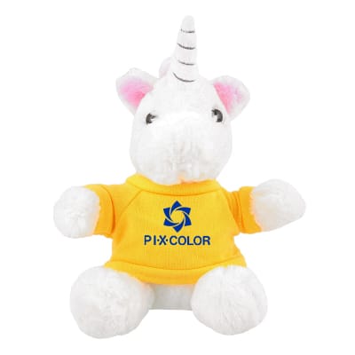 Plush and cotton unicorn with athletic gold with branded imprint.