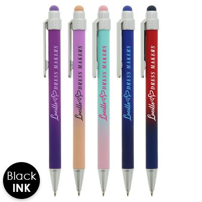 Ombre colored pen with chrome accents and personalized logo.