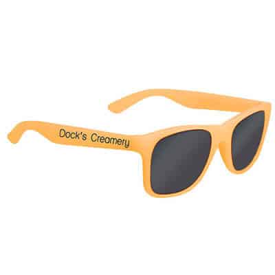 Polycarbonate orange sunlight color changing sunglasses with logoed imprint.