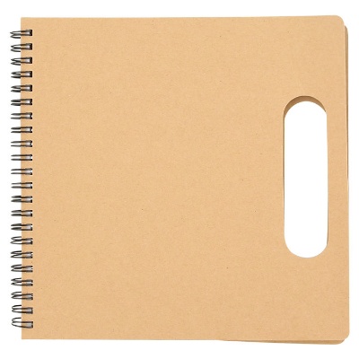 Handled cardboard notebook with sticky notes.