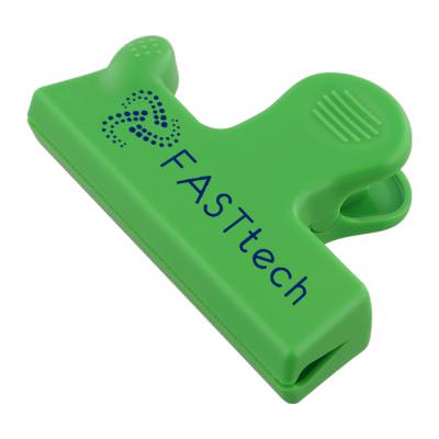 Plastic green bag opener magnet chip clip with personalized printing.