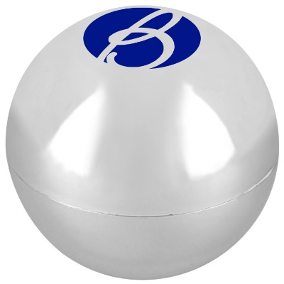 Plastic metallic silver lip moisturizing ball with personalized imprint.