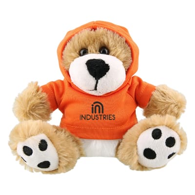Plush and cotton dog with orange hoodie with personalized logo.