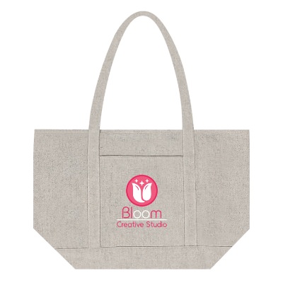 Gray recycled cotton canvas tote with custom full-color logo.