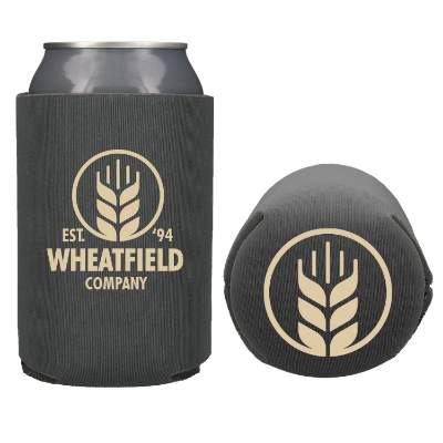 Foam gray can cooler with custom imprint.