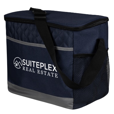 Navy polyester carry quilted cooler bag with custom logo.