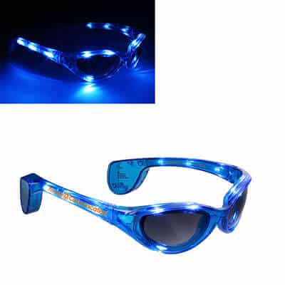 Plastic blue flashing light up rival sunglasses with custom imprint.