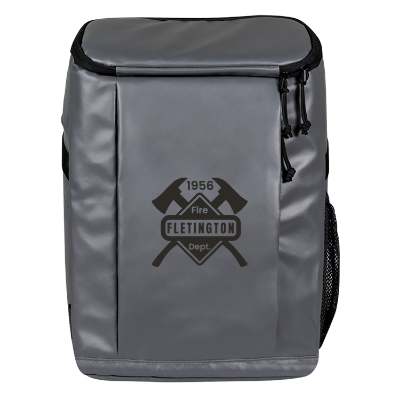 Gray backpack cooler with custom logo.