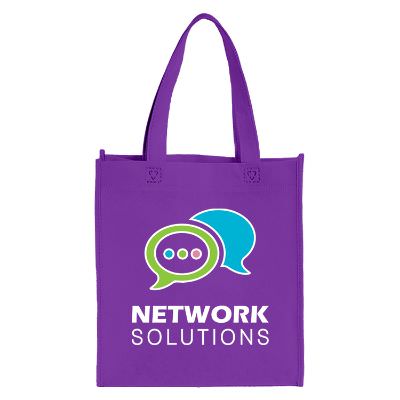 Non-woven polypropylene purple browsing tote with custom full color logo.