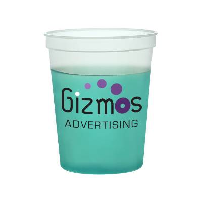 Plastic blue color changing stadium cup with custom full-color imprint in 16 ounces.