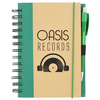 Customized green paper notebook with matching pen and elastic band closure.