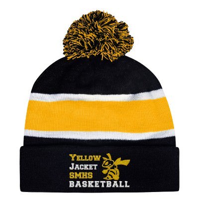 Custom embroidered black with yellow and white stripe knit beanie.