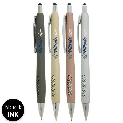 Textured grip pen with stylus and personalized logo.