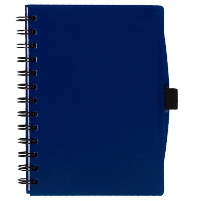 Royal blue notebook with elastic pen holder.
