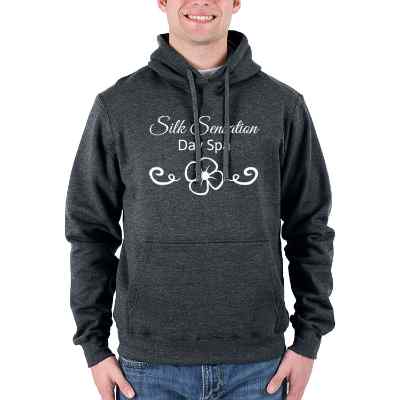 Personalized dark heather grey fleece hooded sweatshirt with logo.