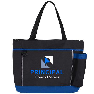 Polyester royal blue odyssey tote with personalized full color imprint.