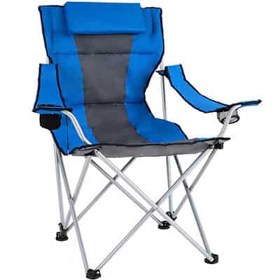 Reclining blue with charcoal stripe branded folding chair.