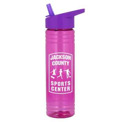 Plastic pink water bottle with flip straw lid and imprint in 24 ounces.