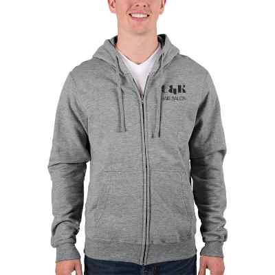 Personalized full-zip athletic heather hoodie with logo.