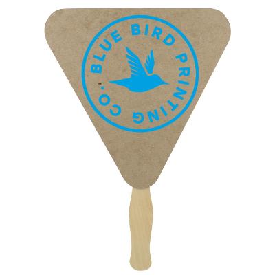 Paper brown hand fan with a branded logo.