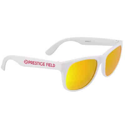 Polypropylene red rubberized maui sunglasses with branded imprint.