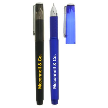 Colored pen with metal clip and personalized logo.