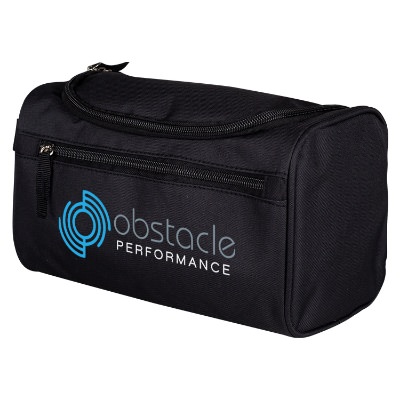 Polyester black travel toiletry bag with branded full color logo.