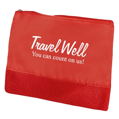 Polyester and mesh red vanity cosmetic bag with promotional logo.
