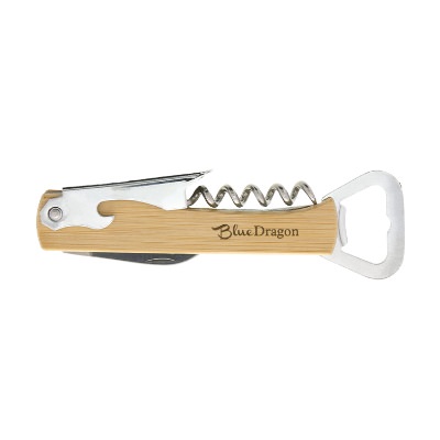 Natural bamboo 4-in-1 waiter's knife with custom laser engraved promotional imprint.